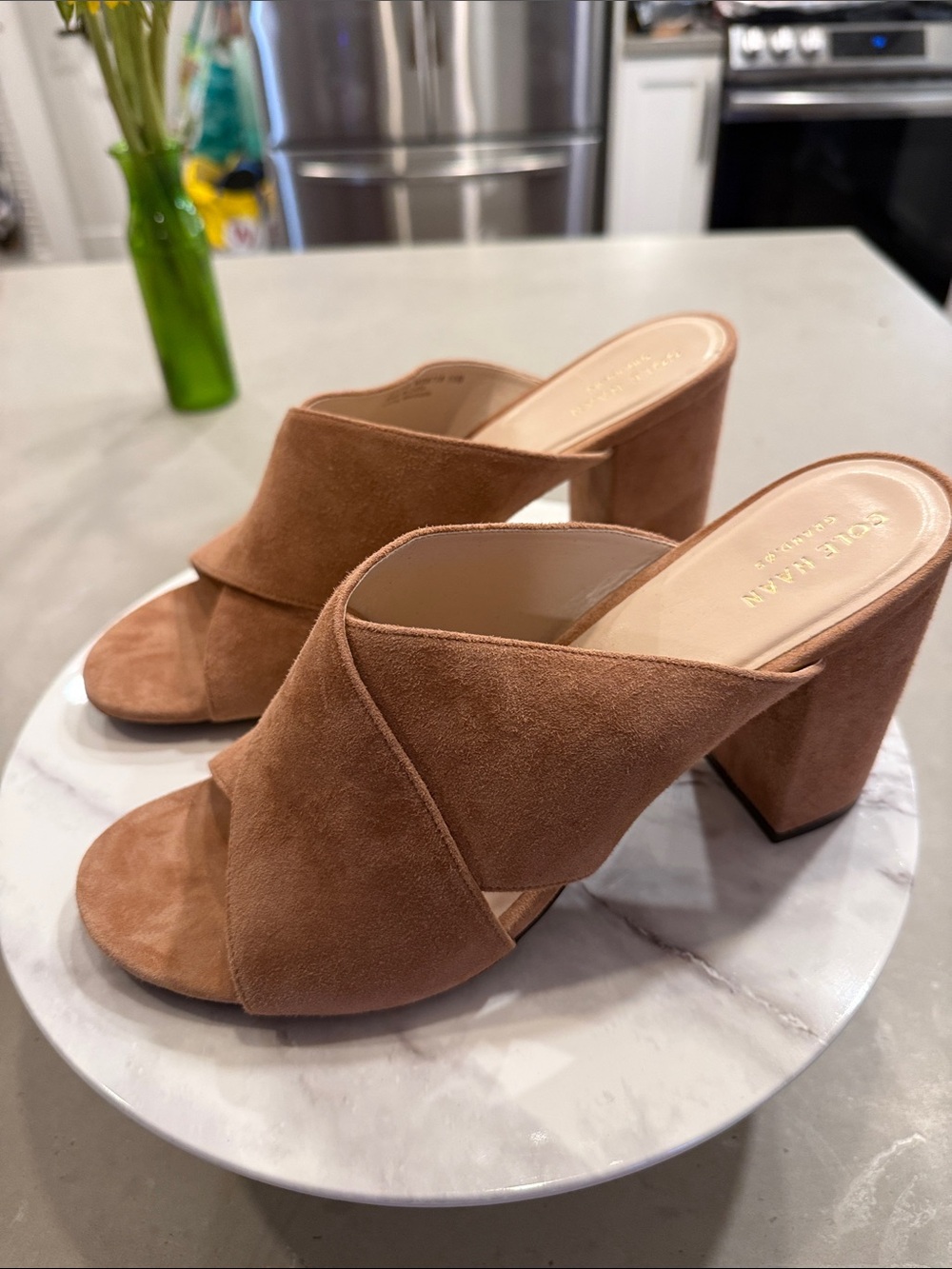 Cole Haan Tan Suede Crisscross Block Heel Mules